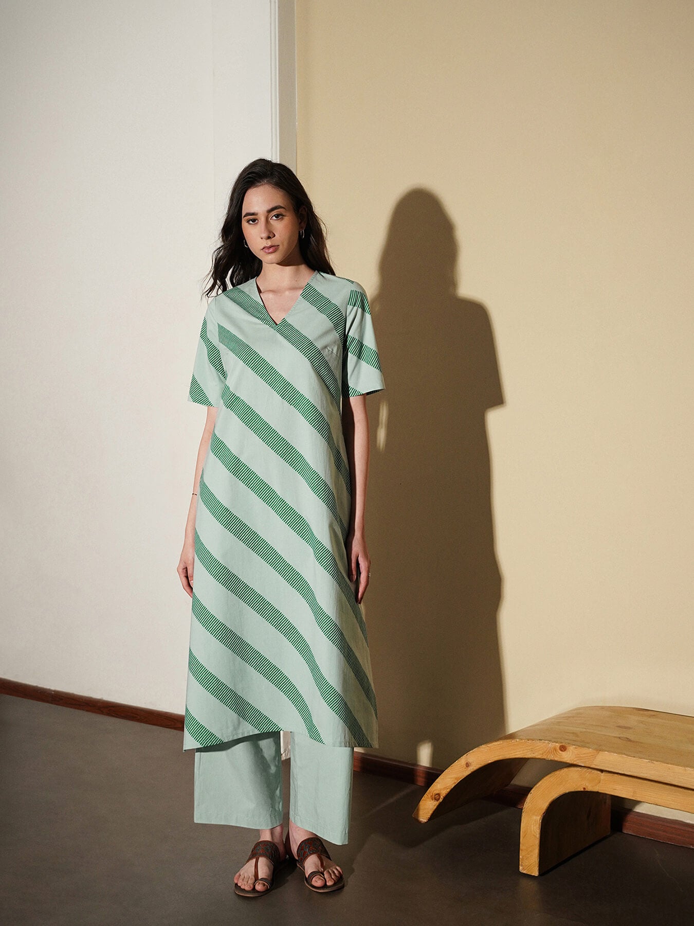Cotton Striped Kurta Set - Green