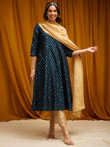 Chanderi Brocade Round Neck Kurta - Teal