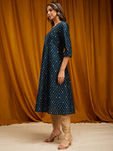 Chanderi Brocade Round Neck Kurta - Teal