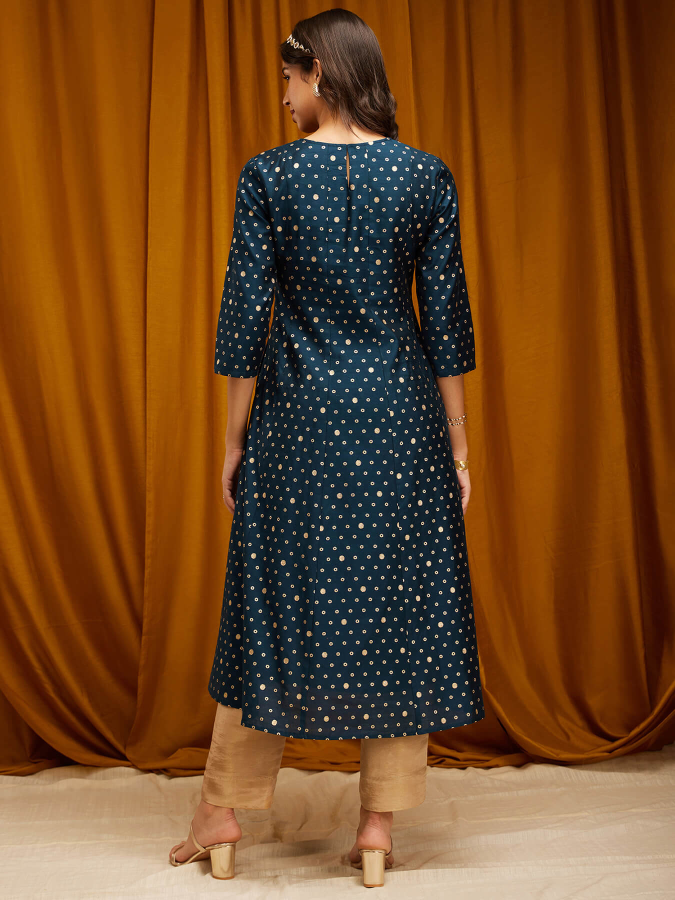 Chanderi Brocade Round Neck Kurta - Teal