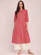 Cotton Striped A-Line Kurta - Red