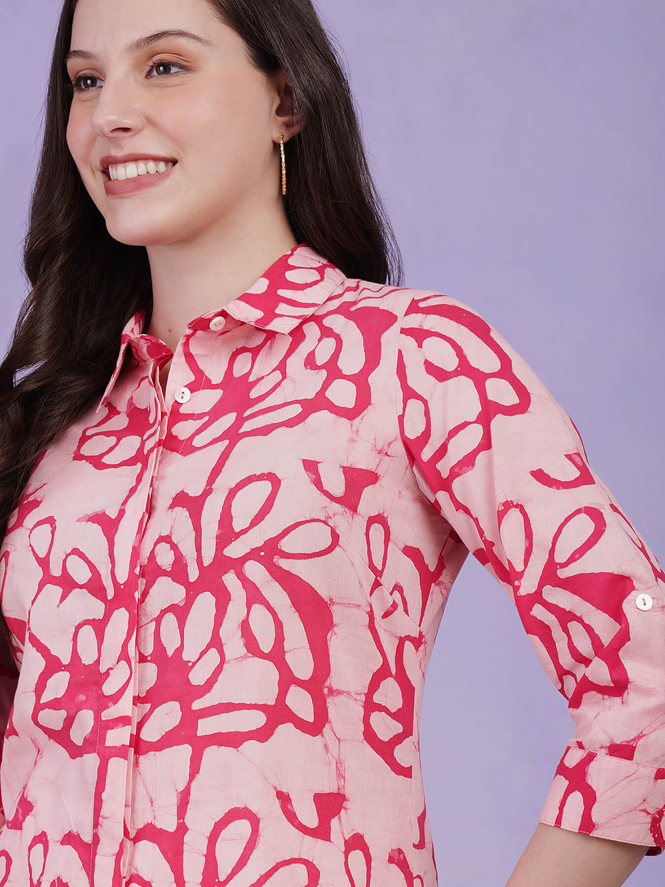 Cotton Batik Floral Collared Kurta - Pink & White