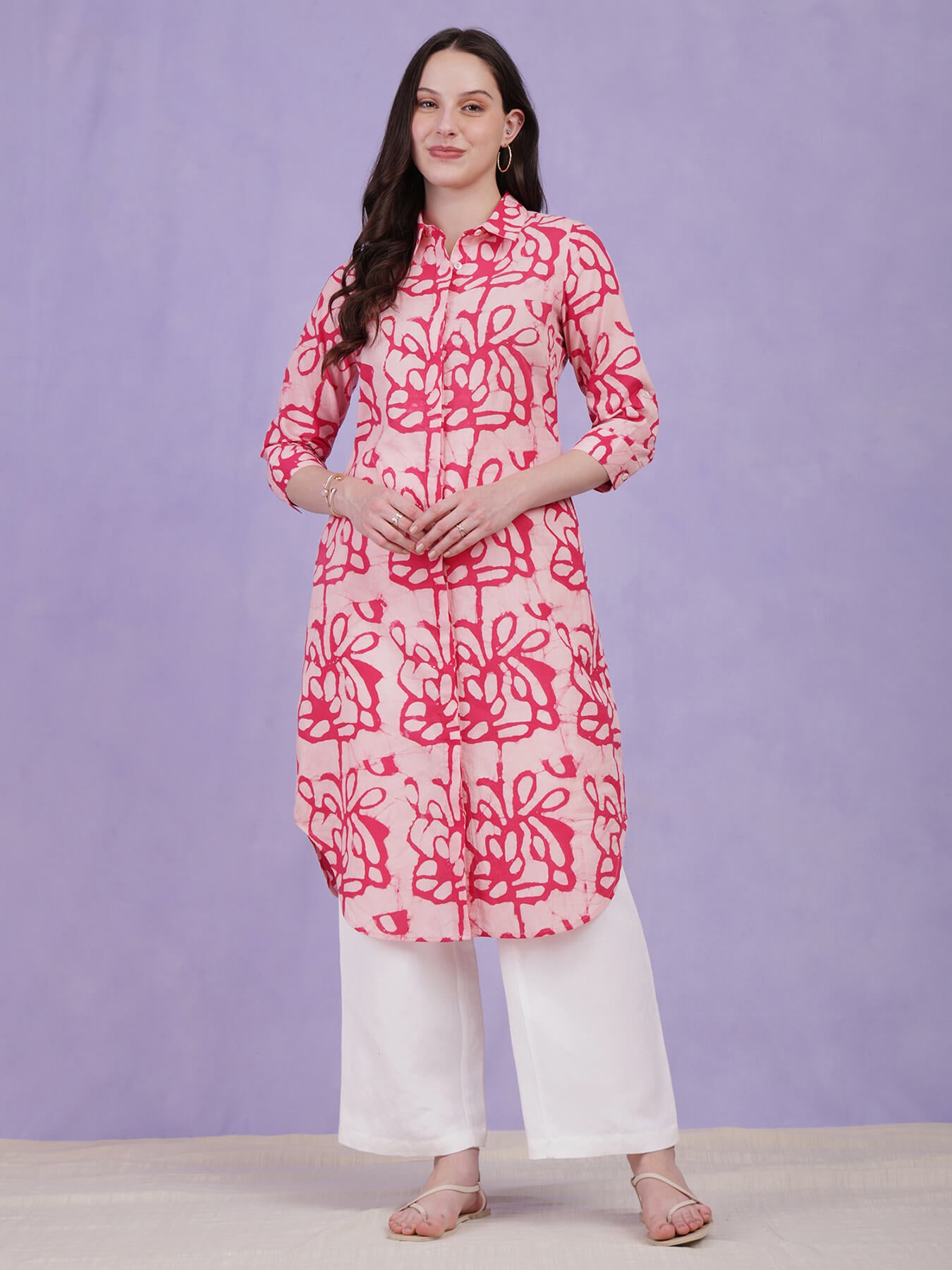 Cotton Batik Floral Collared Kurta - Pink & White