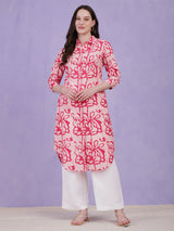 Cotton Batik Floral Collared Kurta - Pink & White