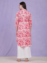 Cotton Batik Floral Collared Kurta - Pink & White