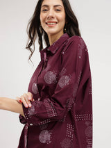 Cotton Geometric Shirt Kurta - Burgundy