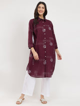 Cotton Geometric Shirt Kurta - Burgundy