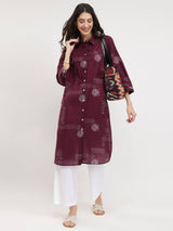 Cotton Geometric Shirt Kurta - Burgundy
