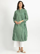 Cotton Leaf Print Striped Kurta - Green
