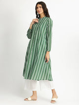 Cotton Leaf Print Striped Kurta - Green