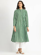 Cotton Leaf Print Striped Kurta - Green