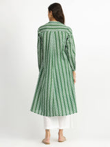 Cotton Leaf Print Striped Kurta - Green