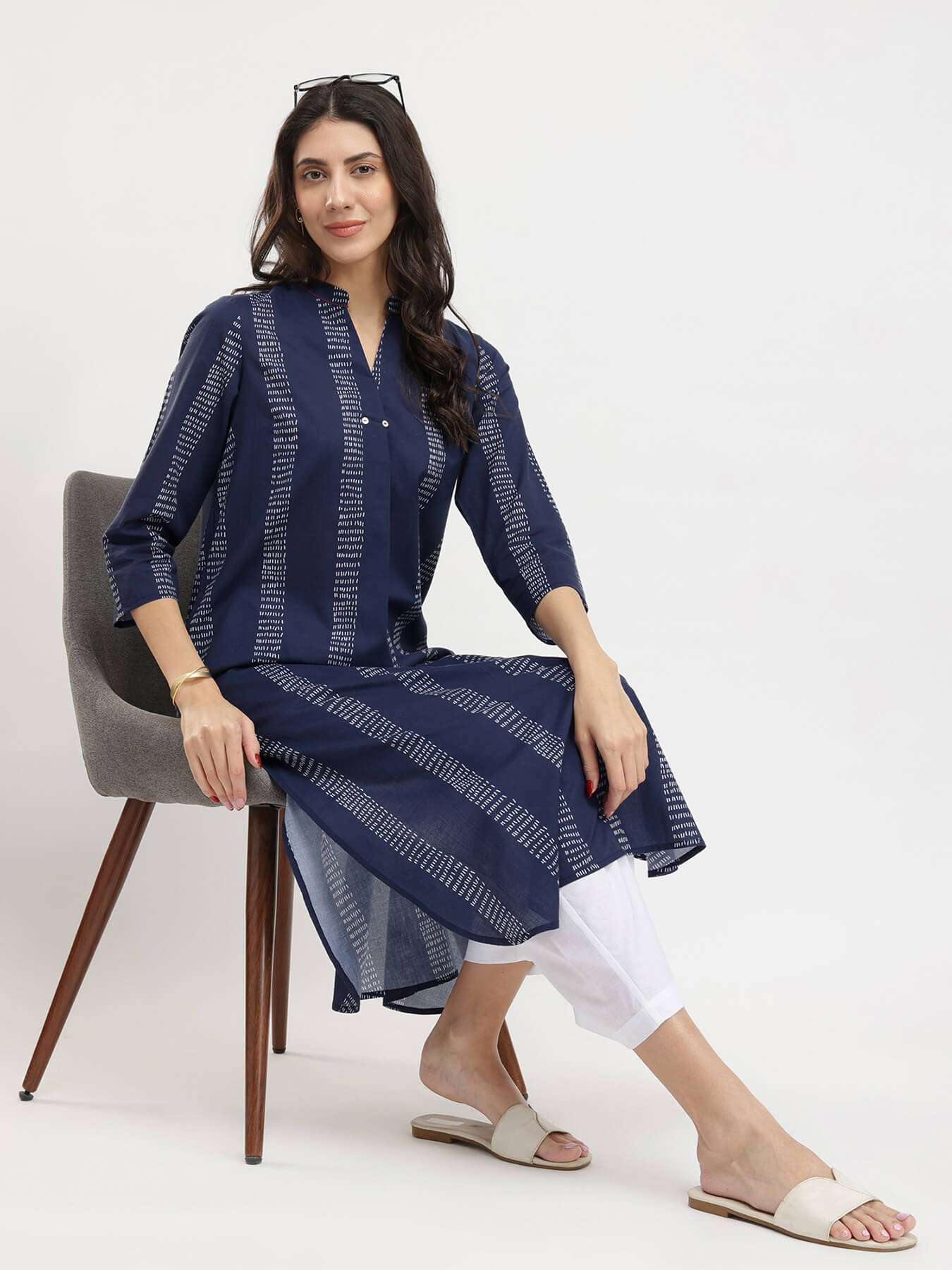 Cotton Striped Pleated Kurta - Navy Blue