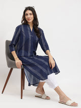 Cotton Striped Pleated Kurta - Navy Blue