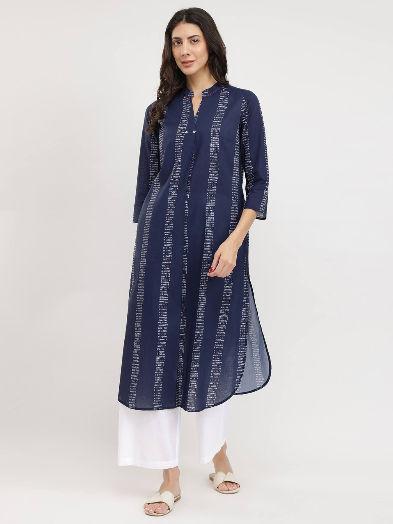 Cotton Striped Pleated Kurta - Navy Blue