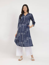 Cotton Geometric Print Kurta - Navy Blue