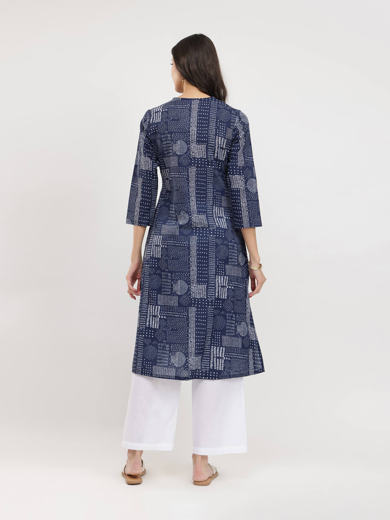 Cotton Geometric Print Kurta - Navy Blue