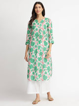 Cotton Floral Pleated Kurta - Green & Red