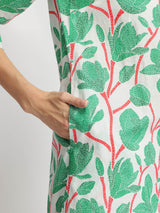 Cotton Floral Pleated Kurta - Green & Red