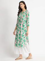 Cotton Floral Pleated Kurta - Green & Red