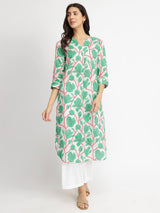 Cotton Floral Pleated Kurta - Green & Red