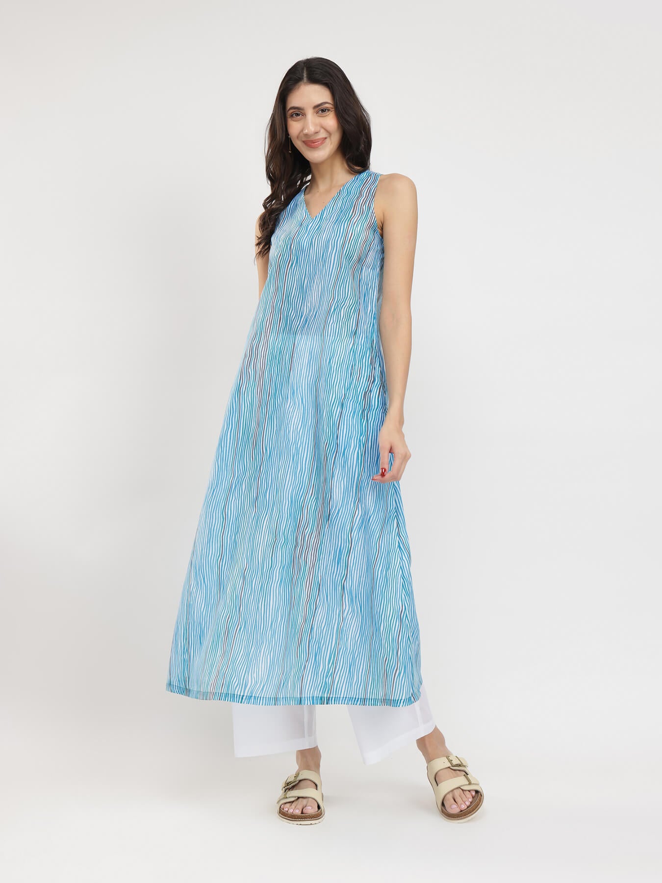 Striped A-Line Sleeveless Kurta - Blue