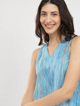 Striped A-Line Sleeveless Kurta - Blue