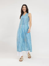 Striped A-Line Sleeveless Kurta - Blue