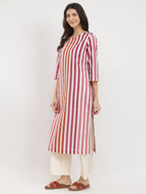 Cotton Striped Straight Kurta - Red & White