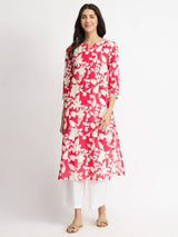 Cotton Floral Straight Kurta - Red & White
