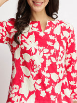 Cotton Floral Straight Kurta - Red & White