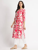 Cotton Floral Straight Kurta - Red & White