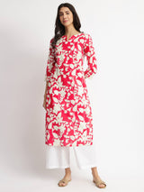 Cotton Floral Straight Kurta - Red & White