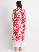 Cotton Floral Straight Kurta - Red & White