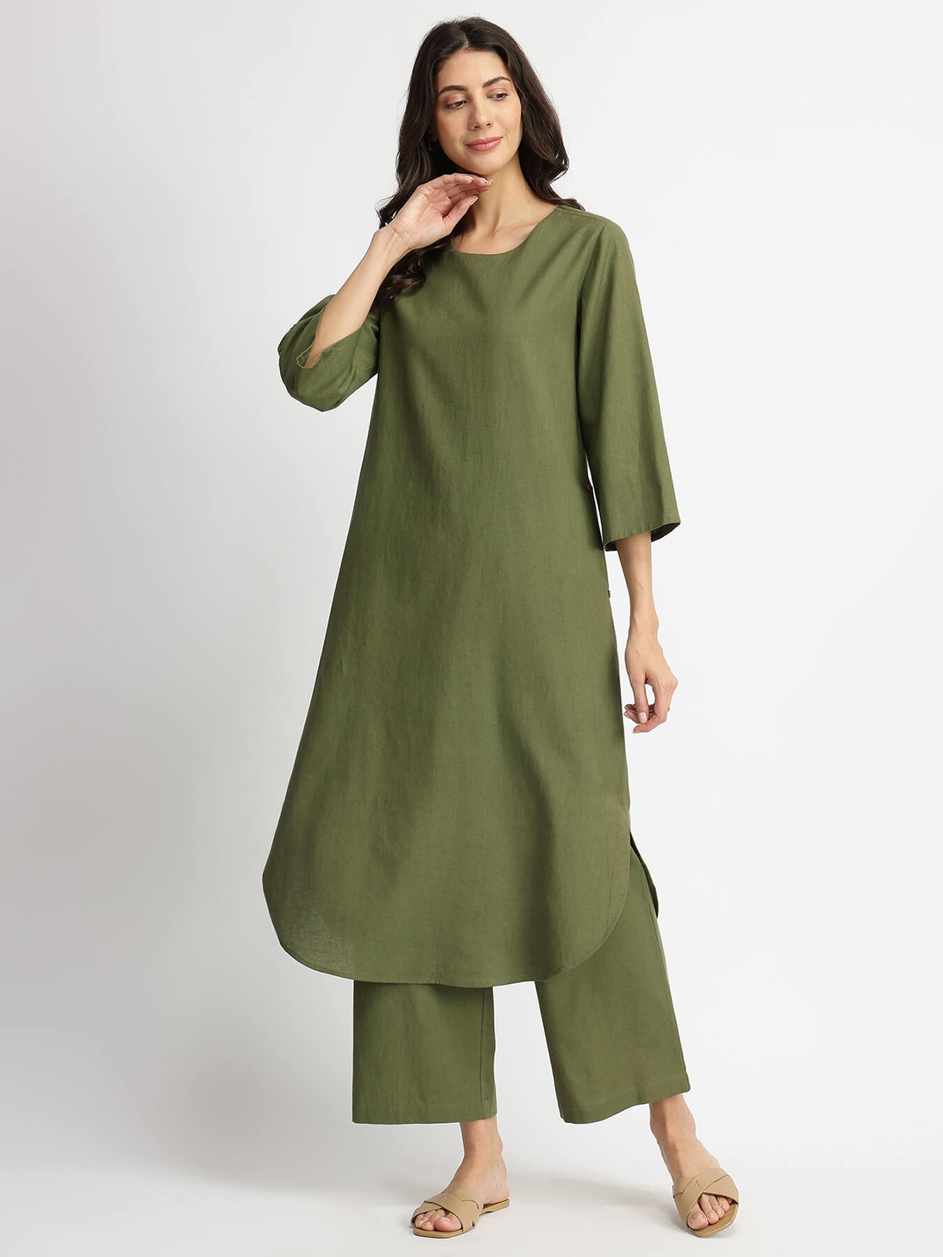 Linen Blend Solid Kurta Set - Olive