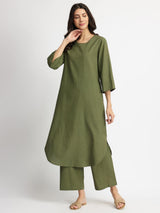 Linen Blend Solid Kurta Set - Olive
