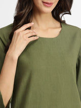 Linen Blend Solid Kurta Set - Olive