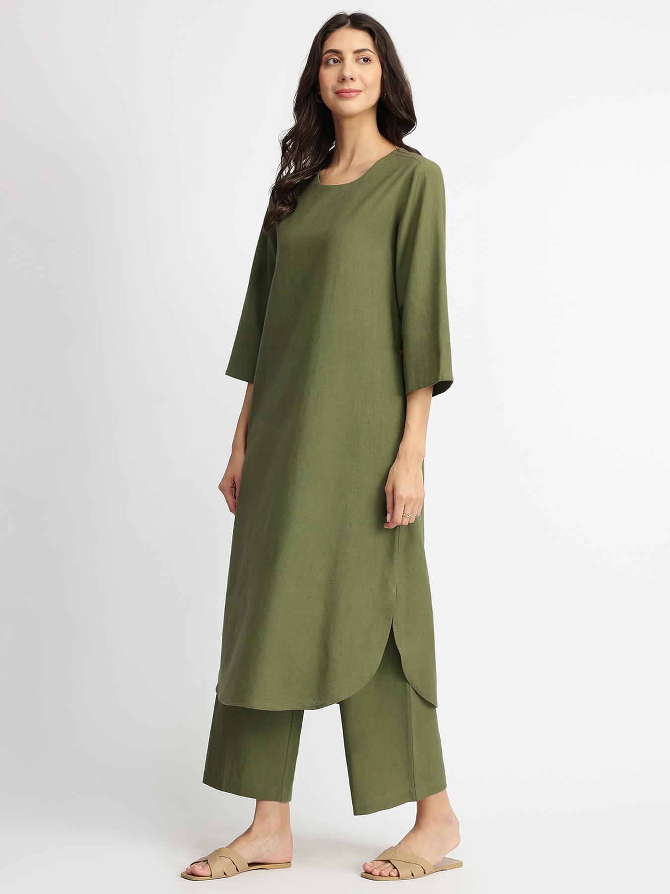 Linen Blend Solid Kurta Set - Olive