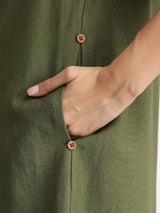 Linen Blend Solid Kurta Set - Olive