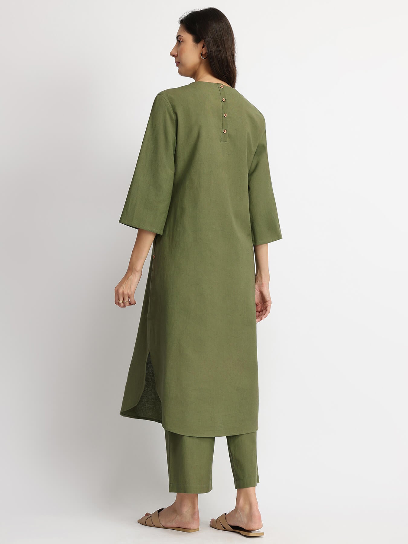 Linen Blend Solid Kurta Set - Olive