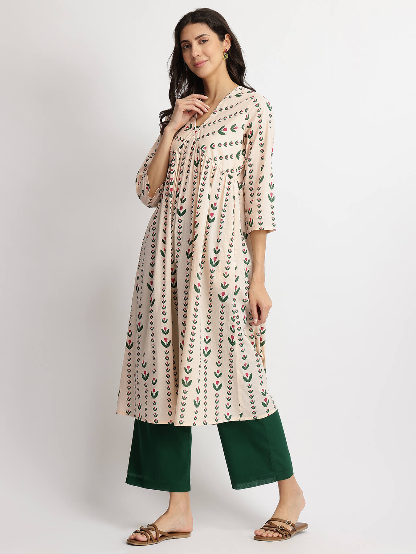 Cotton Floral Motif Kurta Set - Off-White & Green