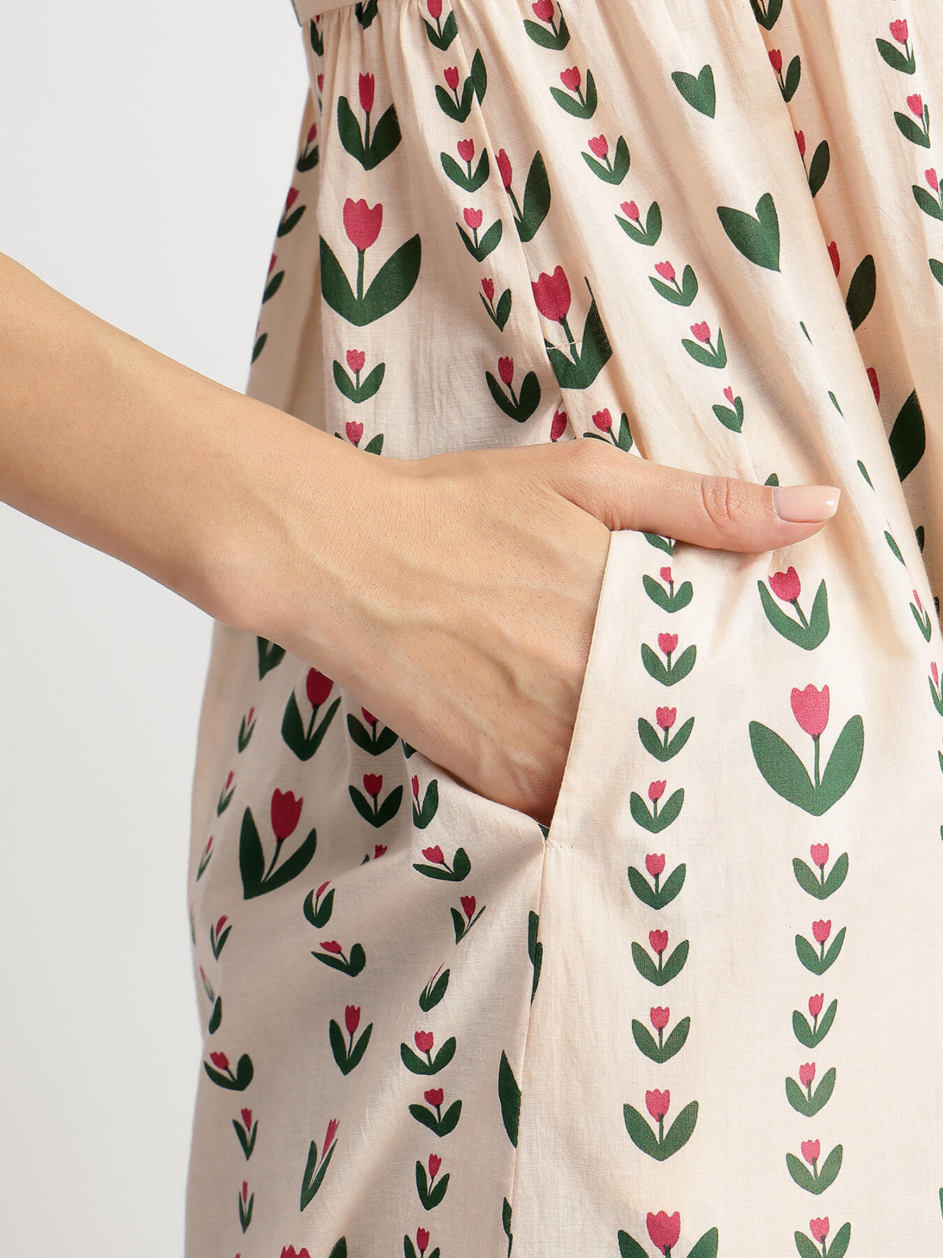 Cotton Floral Motif Kurta Set - Off-White & Green