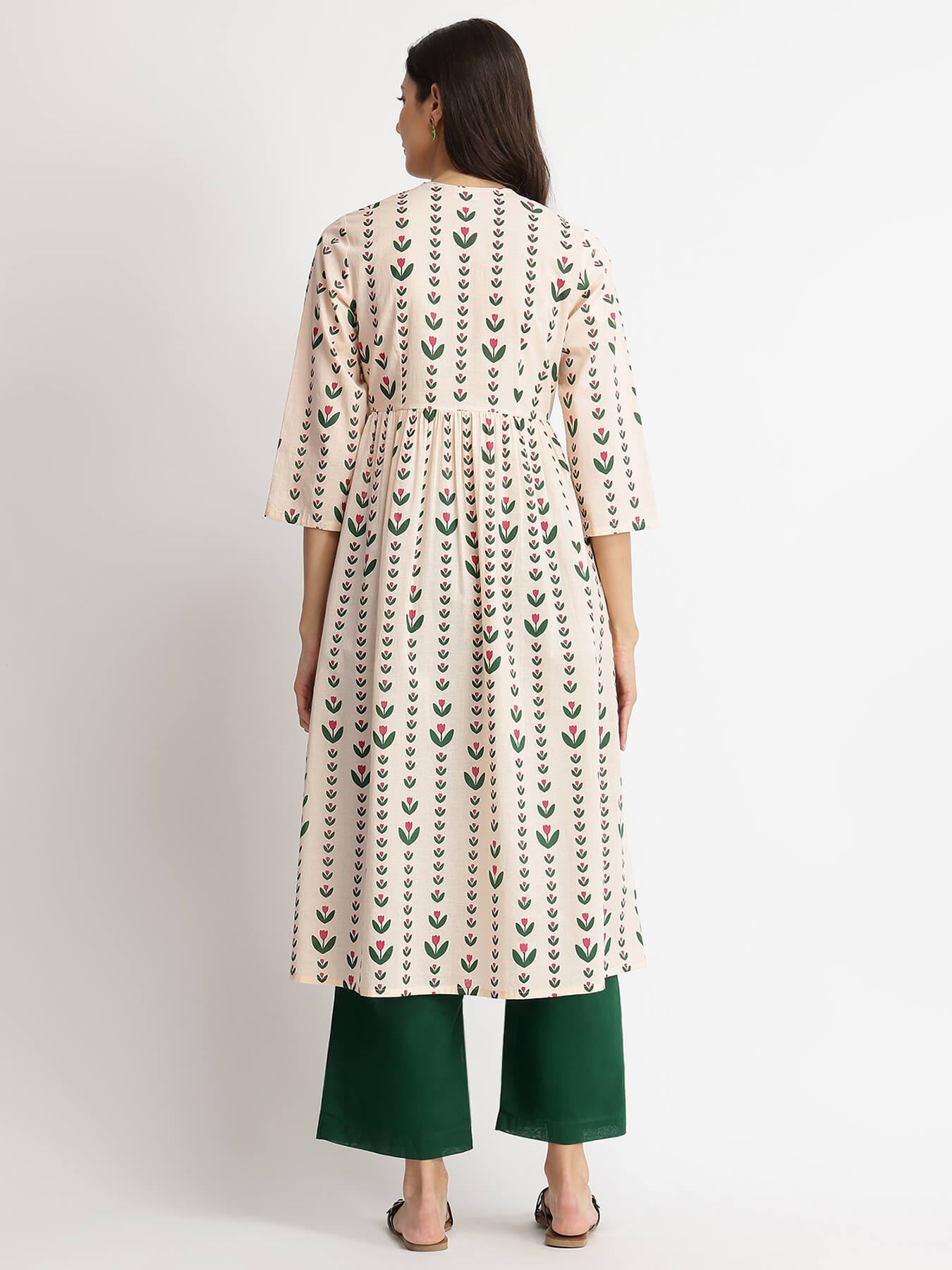 Cotton Floral Motif Kurta Set - Off-White & Green