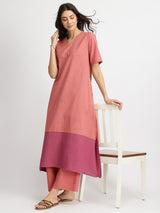 Linen Blend Colourblock A-Line Kurta Set - Pink