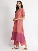 Linen Blend Colourblock A-Line Kurta Set - Pink