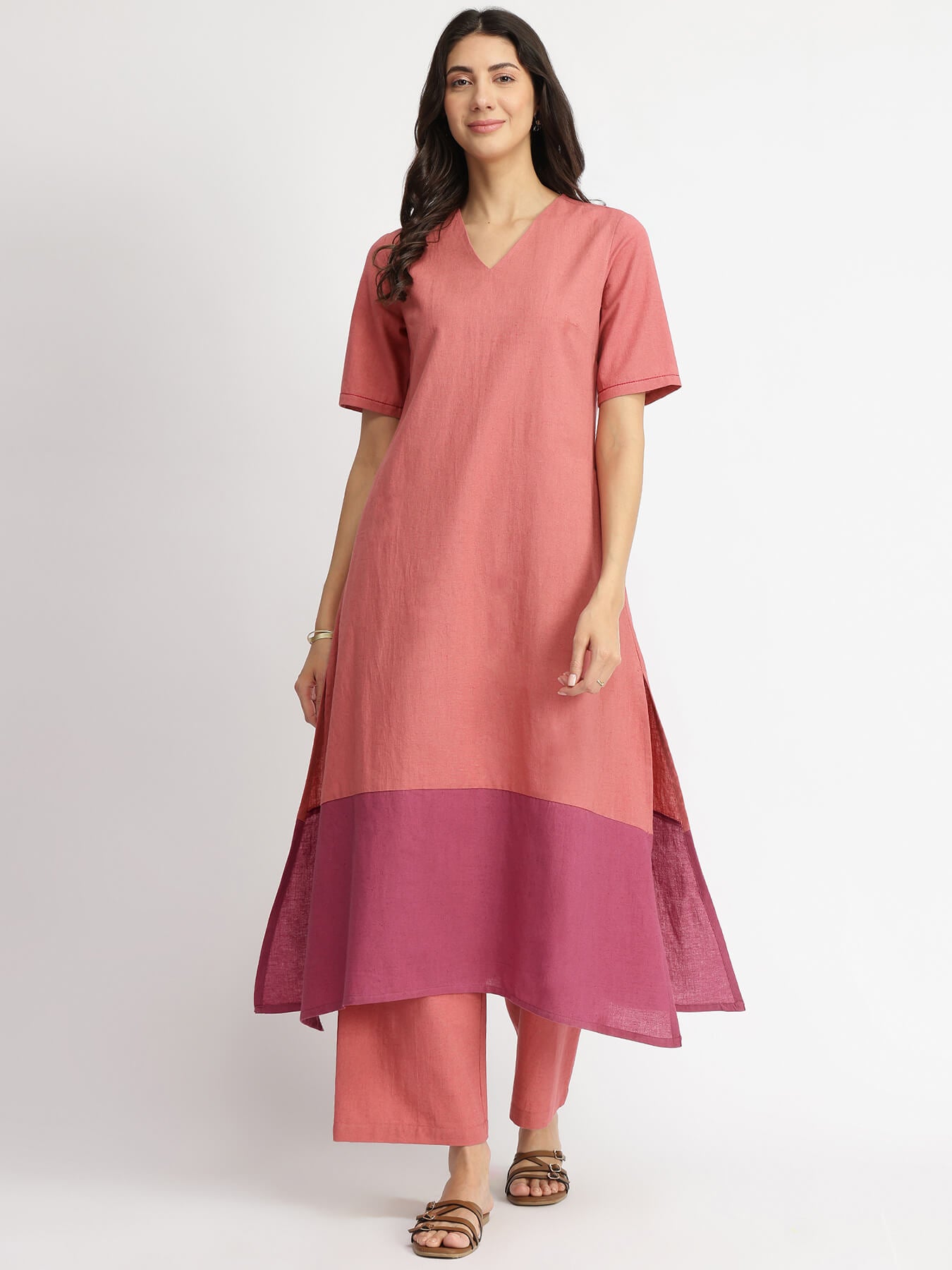 Linen Blend Colourblock A-Line Kurta Set - Pink