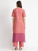 Linen Blend Colourblock A-Line Kurta Set - Pink