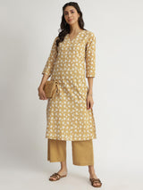 Cotton Dabu Floral Print Kurta Set - Yellow