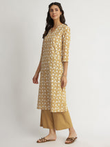 Cotton Dabu Floral Print Kurta Set - Yellow