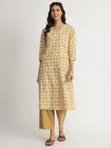 Cotton Dabu Floral Print Kurta Set - Yellow
